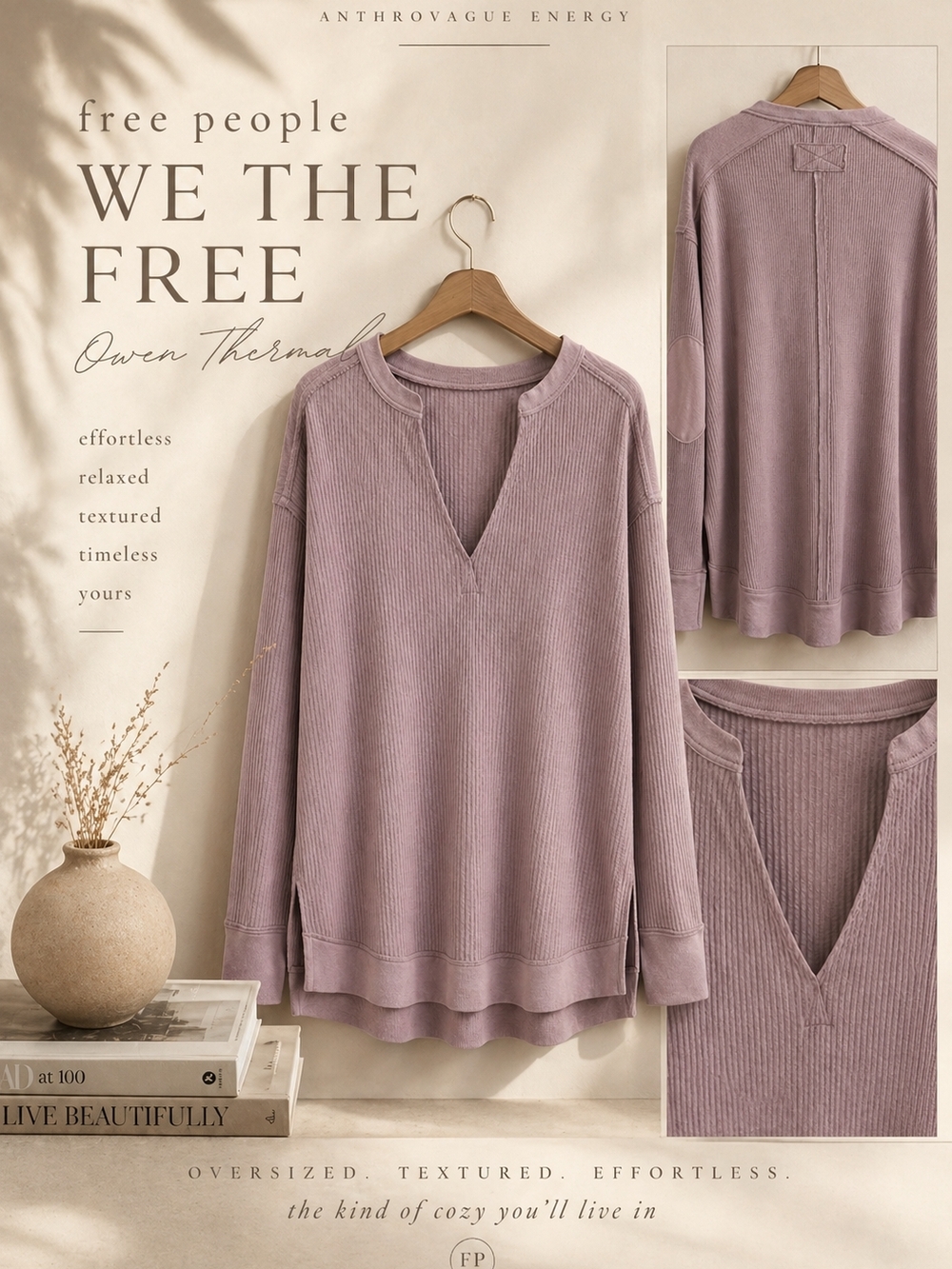 Free People We The Free Owen Thermal Waffle Knit Top L Mauve Oversized Boho Chic